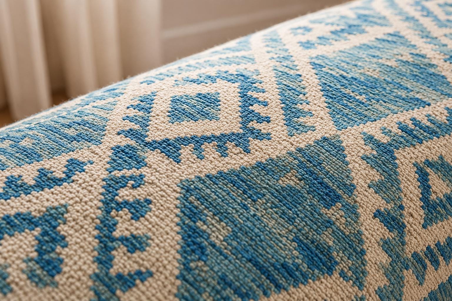 blue and ivory Handwoven Wool Kilim Rug, large Kilim for bedroom, Rustic Boho Tribal Flatweave,