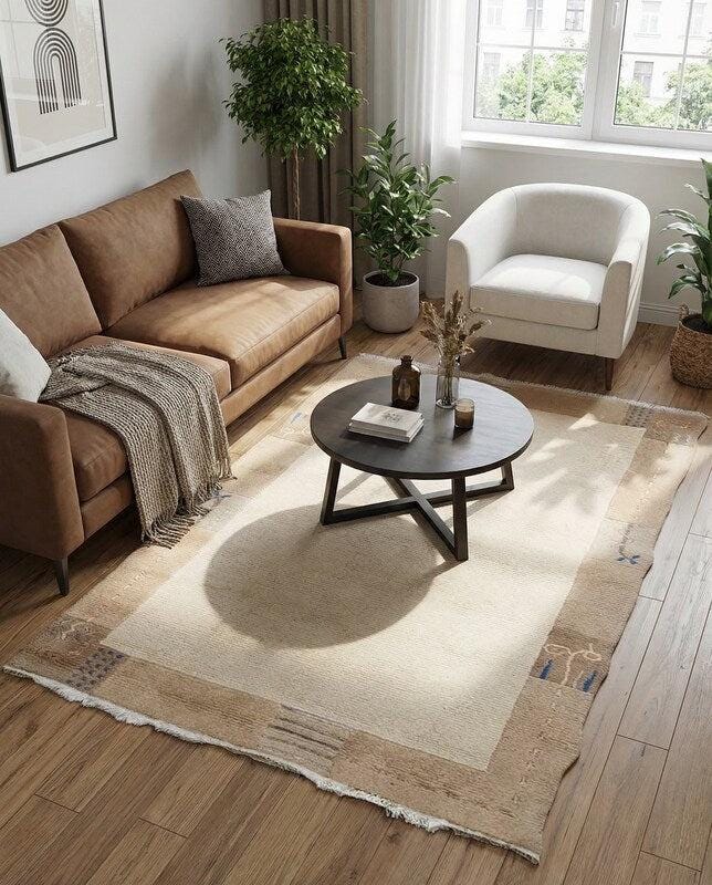 Hand-Knotted Gabbeh Wool Rug – Persian Tribal Thick Pile Rug, Beige & Brown/Cognac