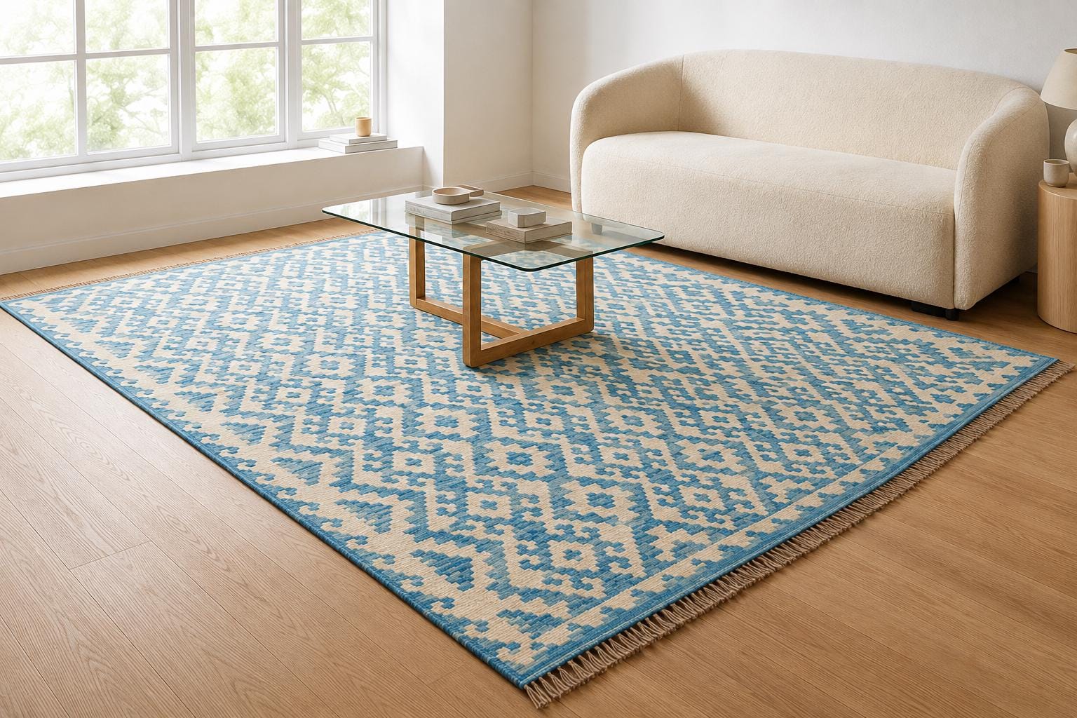 Handwoven Blue Ivory Wool Kilim Rug, Large Boho Tribal Flatweave Area Rug, blue kilim