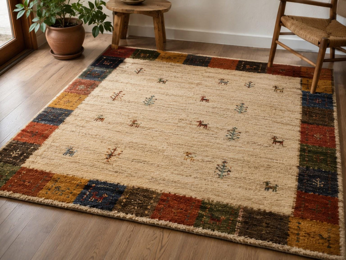 Hand-Knotted Gabbeh Wool Rug – Persian Tribal Thick Pile Rug, Cream & Multicolor Border
