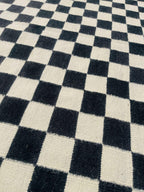 Checkered  Black Geometrical kilim rug, black and cream runner rug,