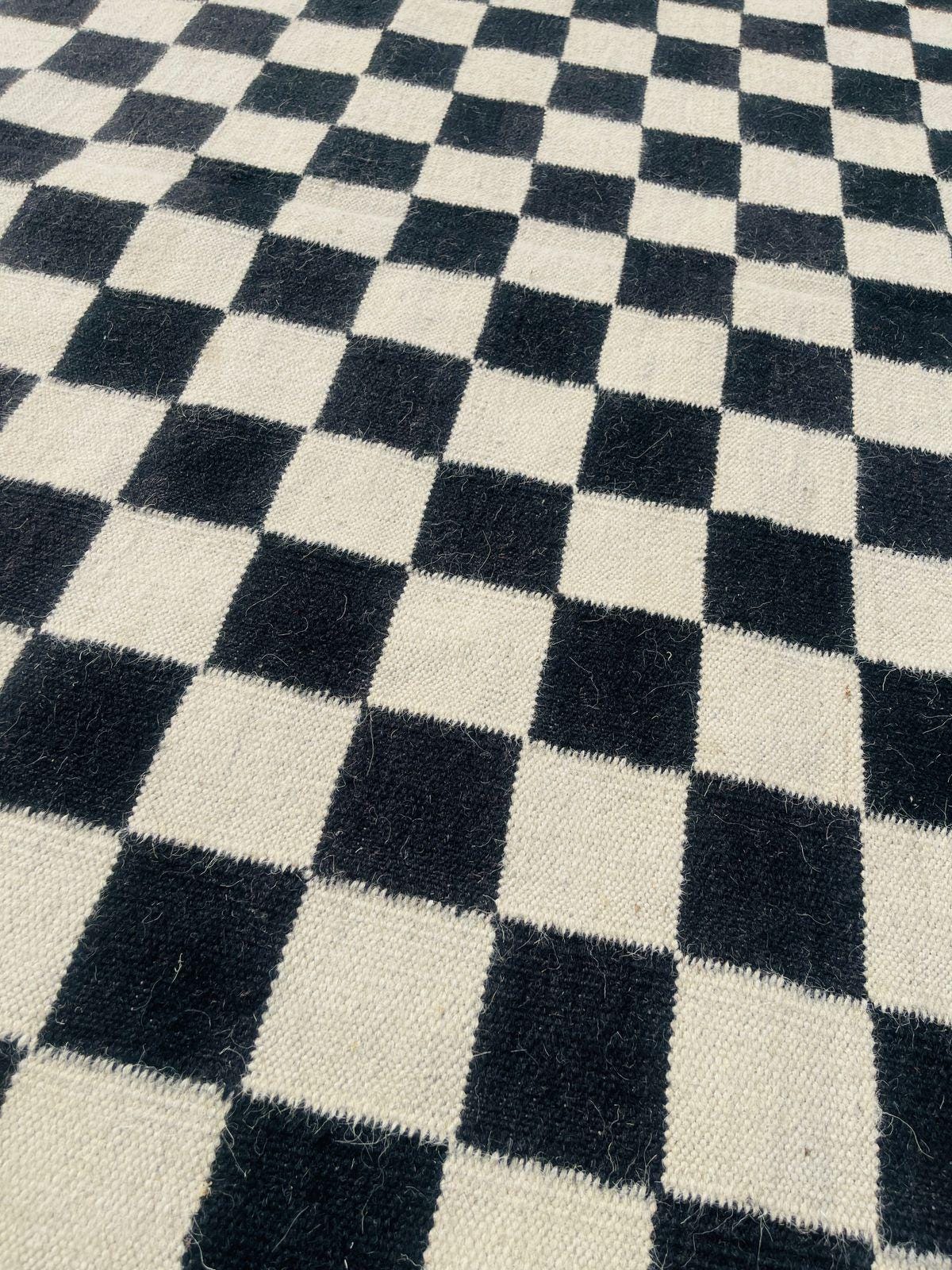 Checkered  Black Geometrical kilim rug, black and cream runner rug,