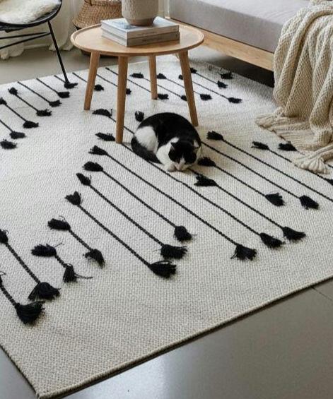 Handwoven Cotton Area Rug with Tassels, Boho Chic, Black and White Rug