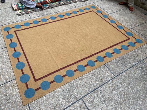 Camel and blue circle border handmade wool kilim rug