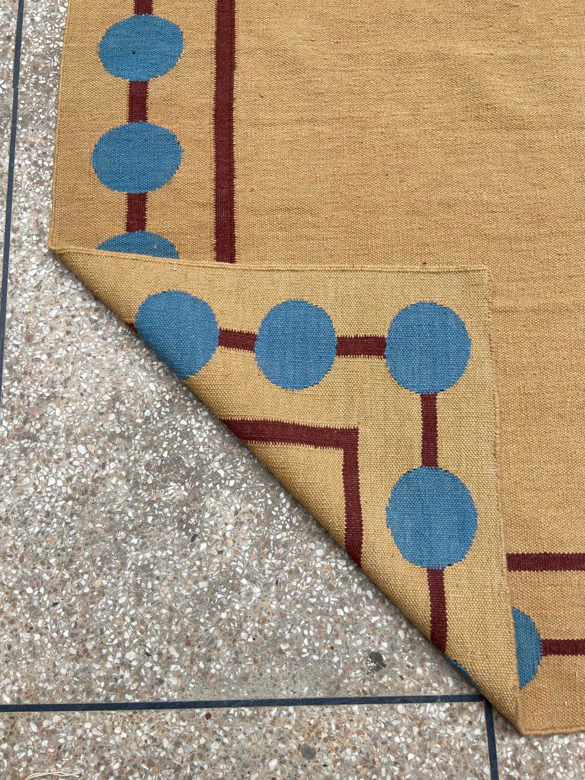 Camel and blue circle border handmade wool kilim rug – view 4