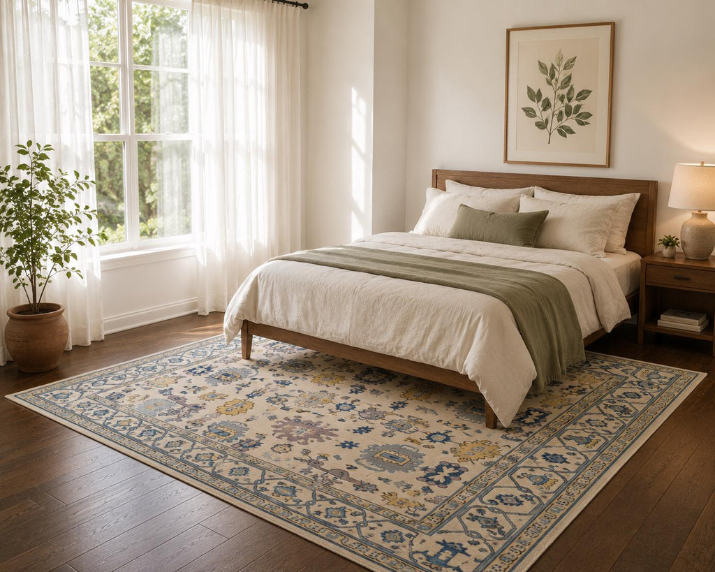 Hand Knotted blue oushak rug, Traditional turkish  Style rug, blue and ivory carpet,