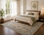 Hand Knotted blue oushak rug, Traditional turkish  Style rug, blue and ivory carpet,