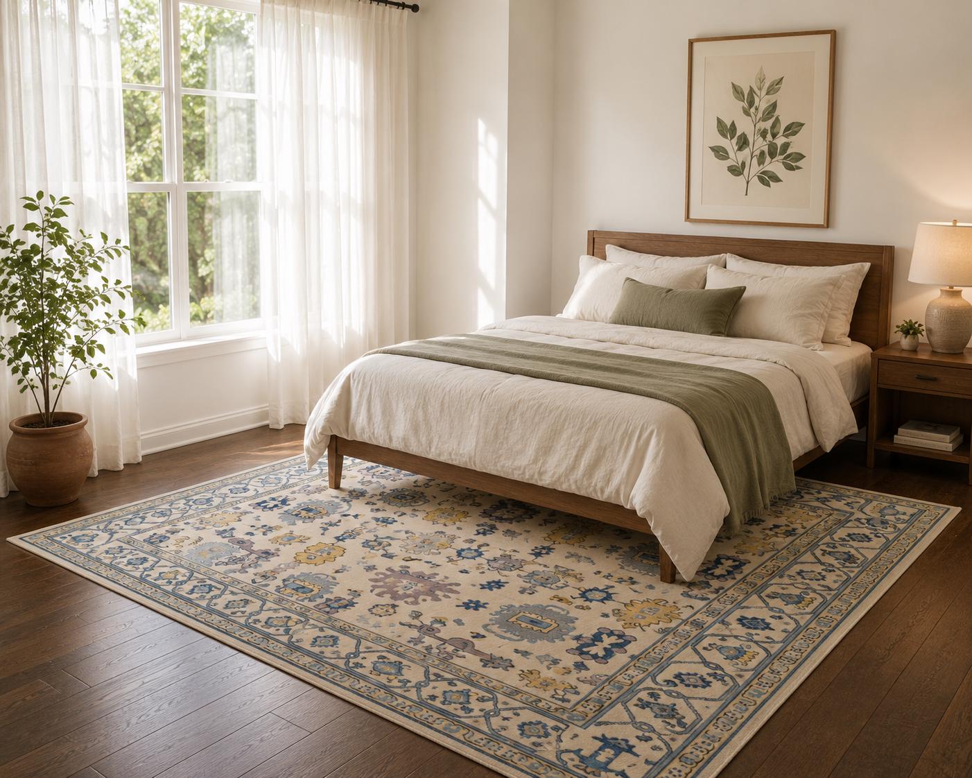 Hand Knotted blue oushak rug, Traditional turkish  Style rug, blue and ivory carpet,