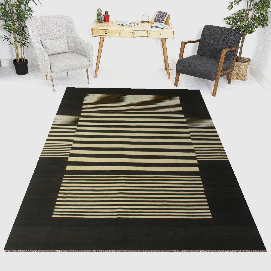 black and olive green Abstract Geometric Kilim Rug – Handwoven Wool Area Rug | Modern Home Decor