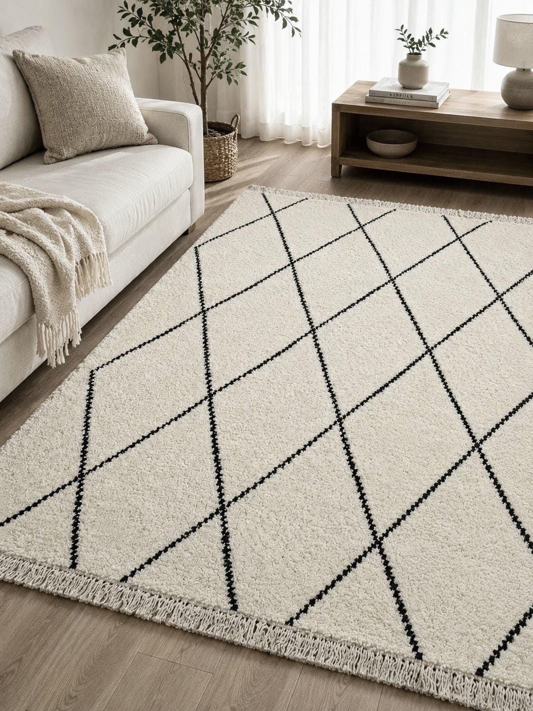 cream and black Beni Ourain Rug | Handwoven Moroccan Wool Carpet | Geometric Berber Rug | Boho Decor | Custom Size