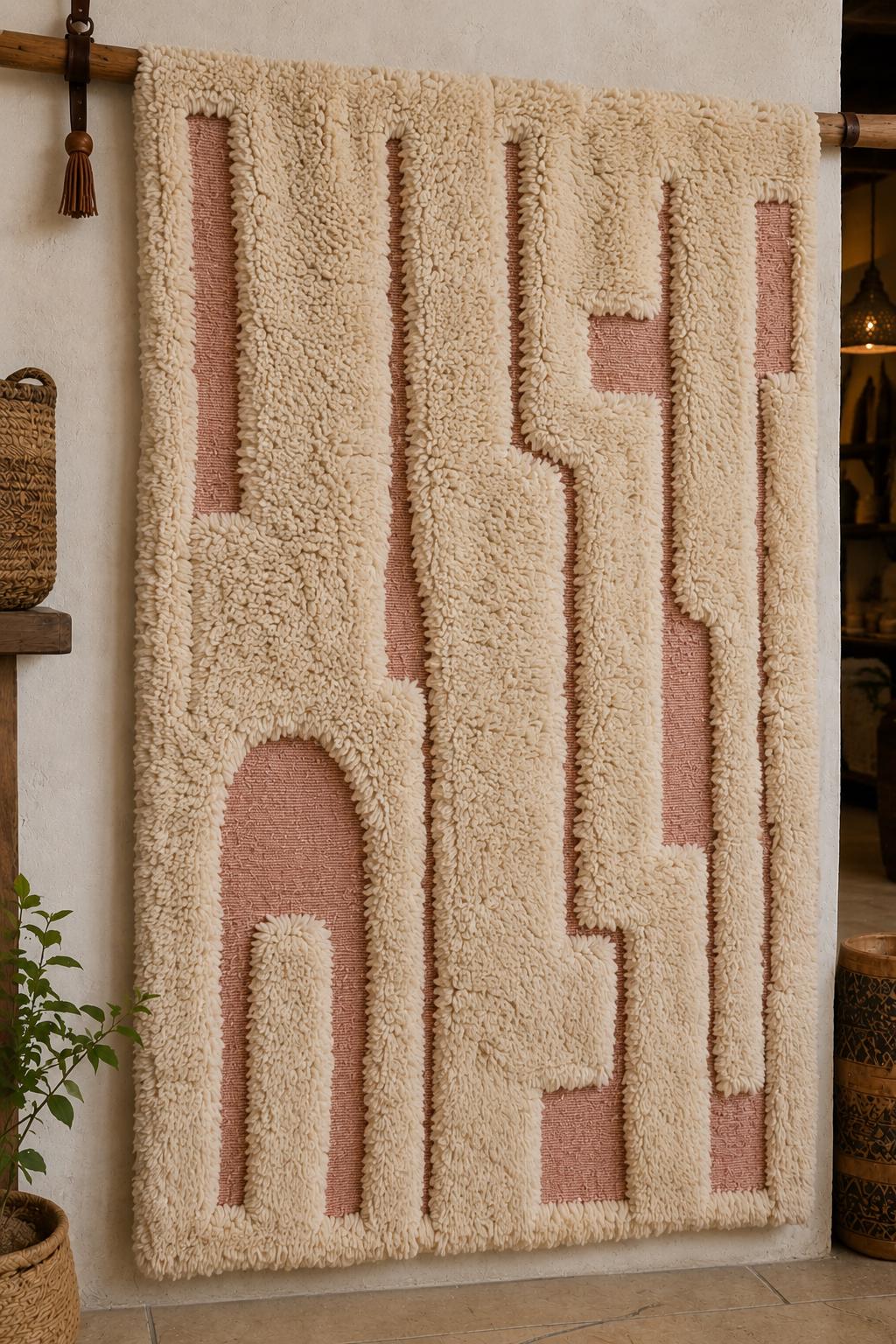 Hand-Knotted Beni Ourain Style Wool Rug – Thick Plush Pile, Blush Pink & Ivory