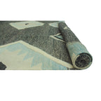 Charcoal grey and pale aqua geometric wool kilim rug, full view