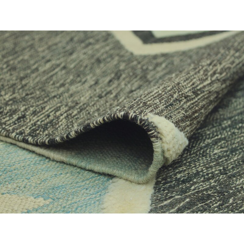 Charcoal grey and pale aqua geometric wool kilim rug, detail 2