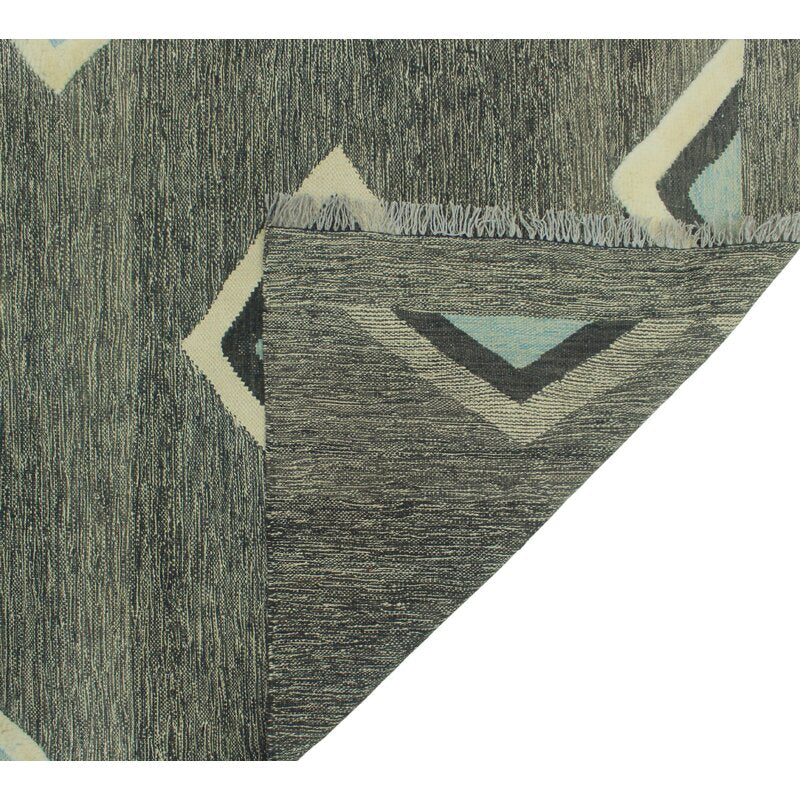 Charcoal grey and pale aqua geometric wool kilim rug, detail 3
