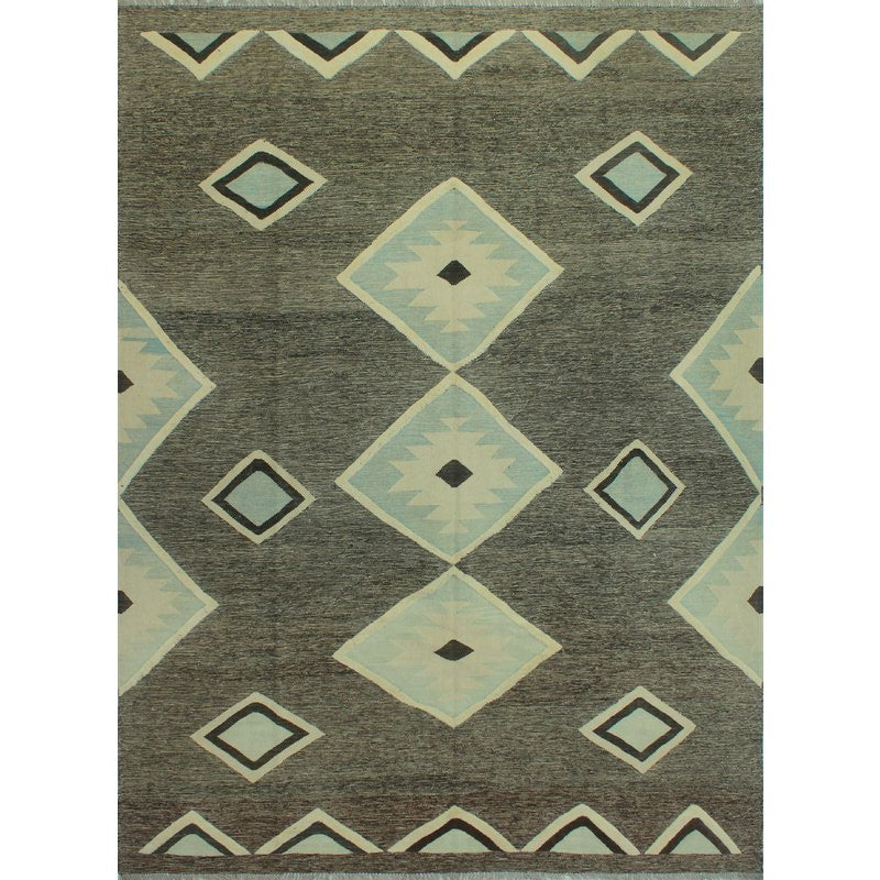 Charcoal grey and pale aqua geometric wool kilim rug, detail 4