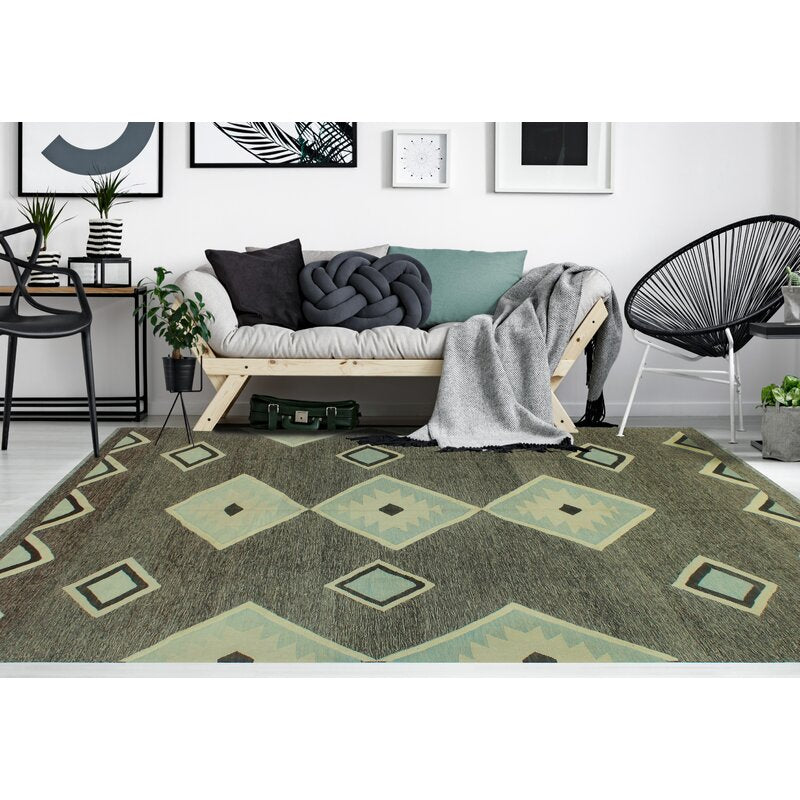 Charcoal grey and pale aqua geometric wool kilim rug, detail 5