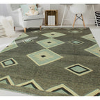 Charcoal grey and pale aqua geometric wool kilim rug, detail 6