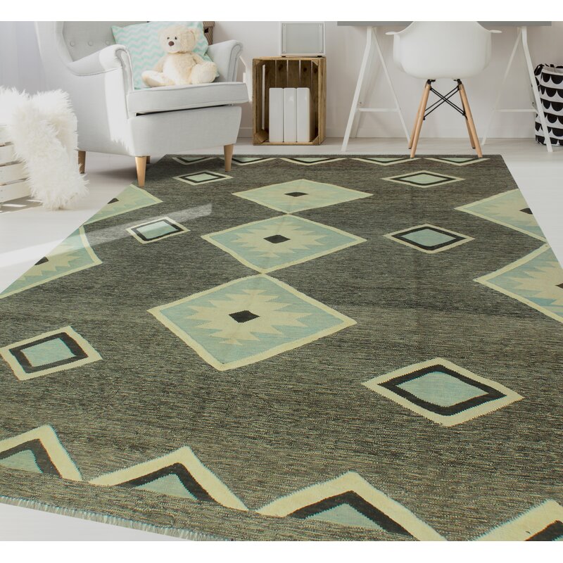 Charcoal grey and pale aqua geometric wool kilim rug, detail 6