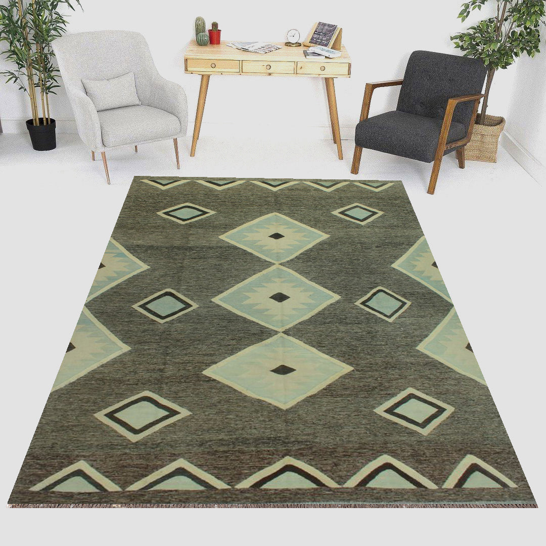 Charcoal grey and pale aqua geometric wool kilim rug, detail 7