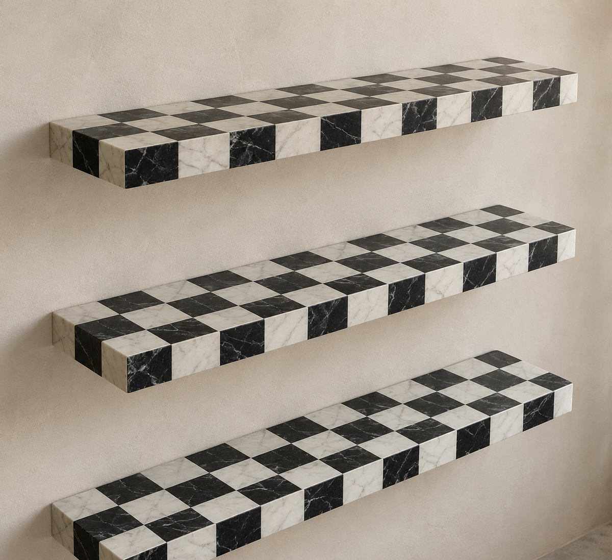Black and White Marble Checkered Wall Shelves – Set of 3