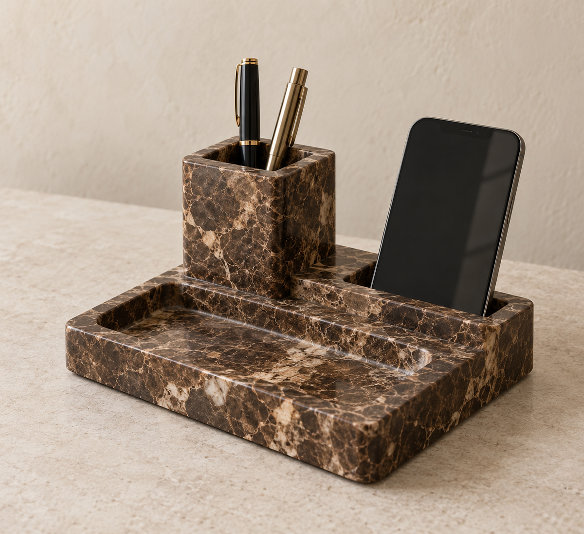 Brown Emperador Marble Desk Organizer