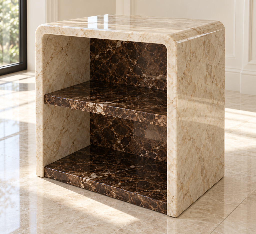 Beige Two Tone Storage Marble Side Table - Beige & Emperador