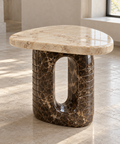Beige Oval Cutout Marble Side Table - Beige & Emperador