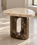 Beige Oval Cutout Marble Side Table - Beige & Emperador