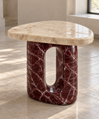 Beige Oval Cutout Marble Side Table - Beige & Rosso