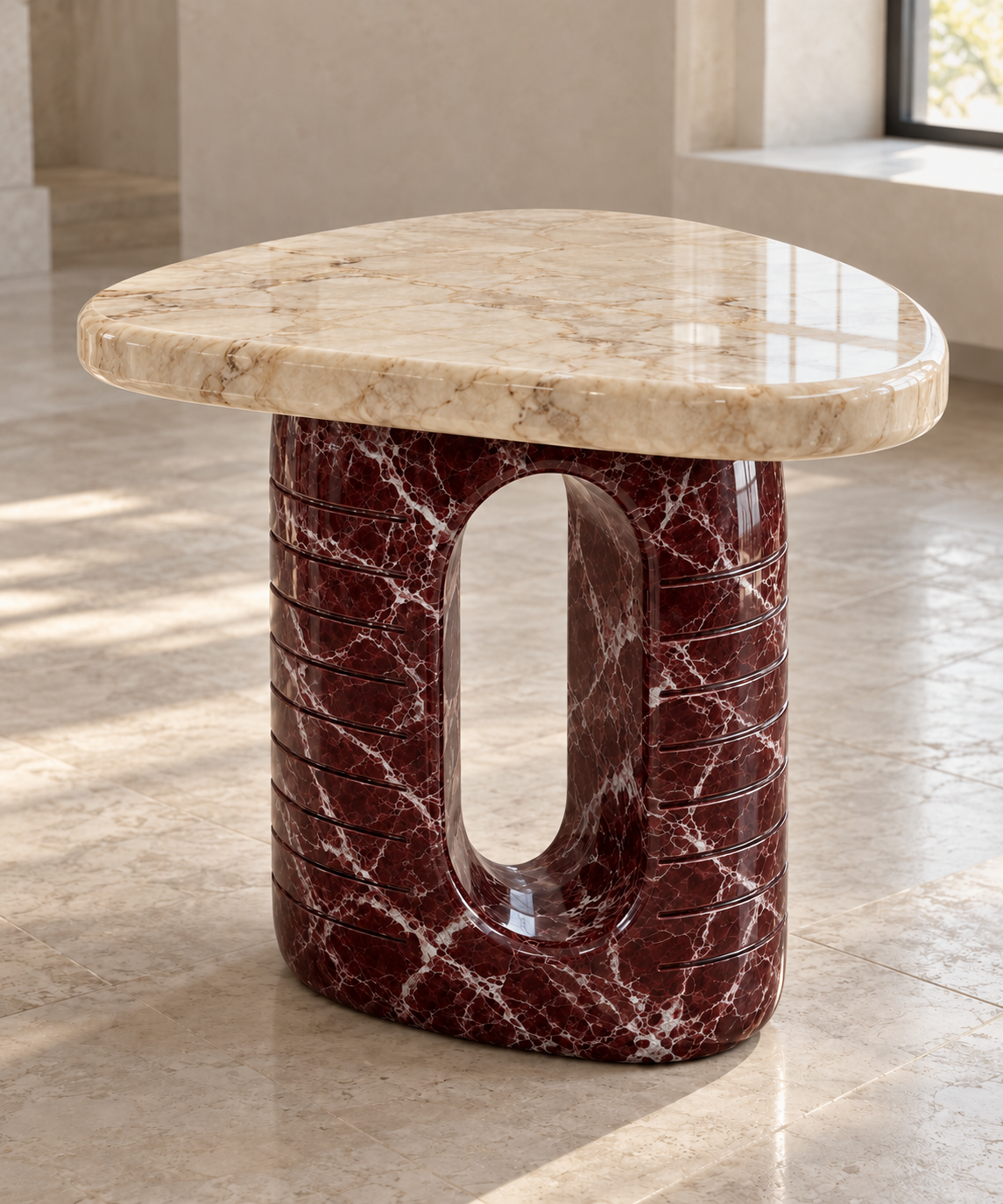 Beige Oval Cutout Marble Side Table - Beige & Rosso