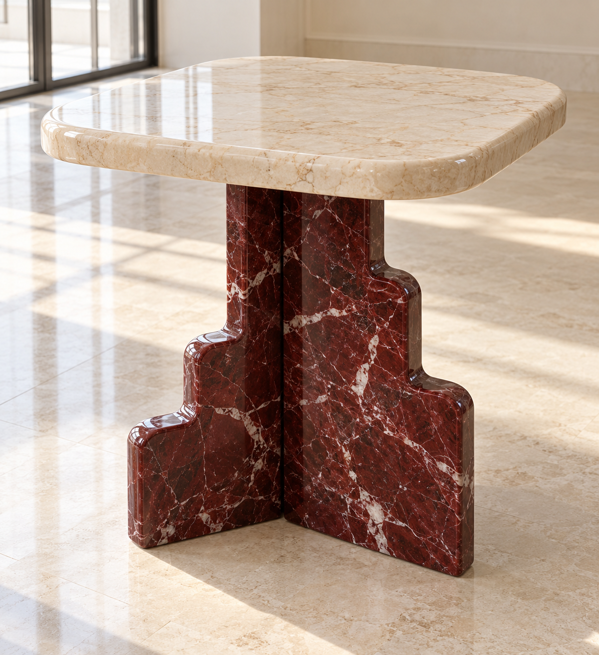 Rosso Beige Sculptural Steps Marble Side Table - Rosso & Beige
