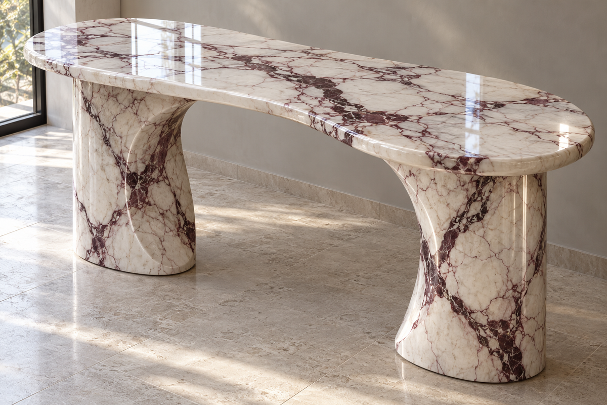 Burgundy Veined Crescent Marble Console - White & Burgundy