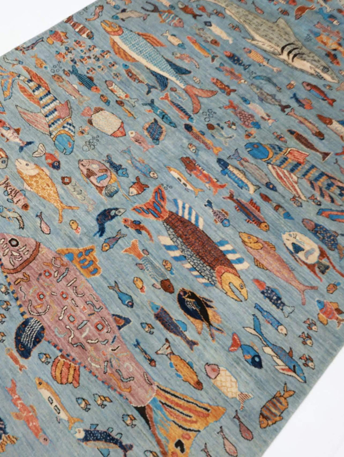 Hand-Knotted Gabbeh Wool Rug – Pictorial Ocean Life Tribal Design, Blue