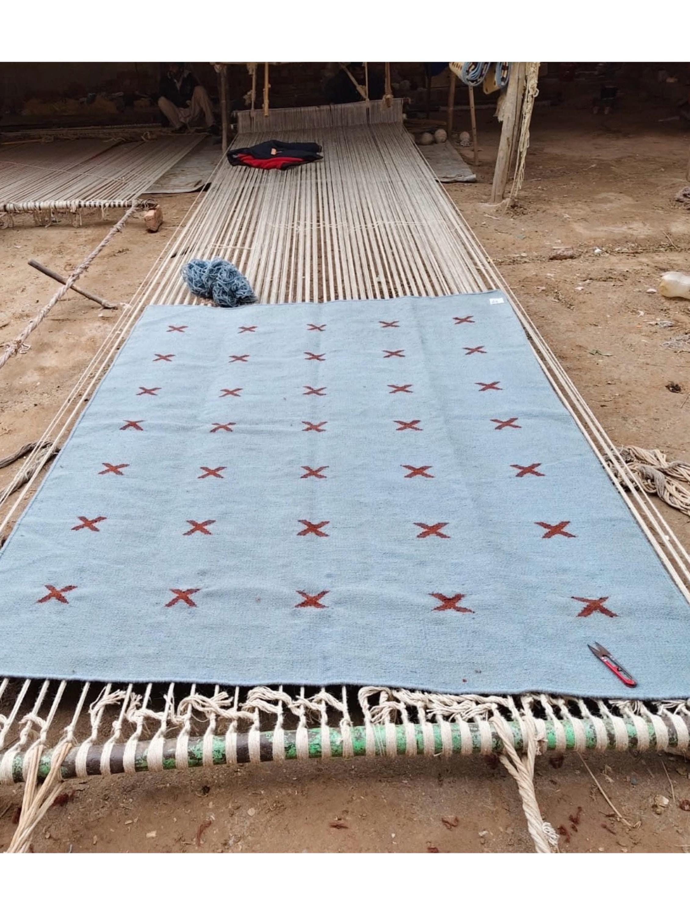 Light blue and burgundy kilim rug,  blue stair runner rug,  blue area rug, staircase runner
