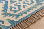 blue and ivory Handwoven Wool Kilim Rug, large Kilim for bedroom, Rustic Boho Tribal Flatweave,