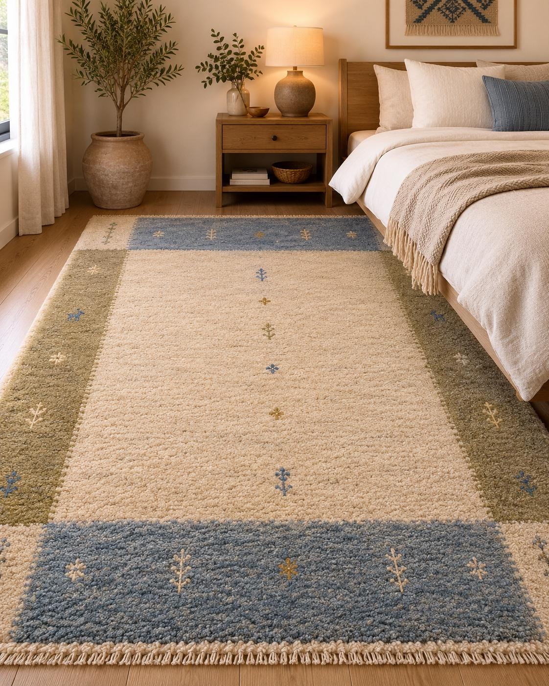 Hand-Knotted Gabbeh Wool Rug – Persian Tribal Thick Pile Rug, Olive/Sage Green
