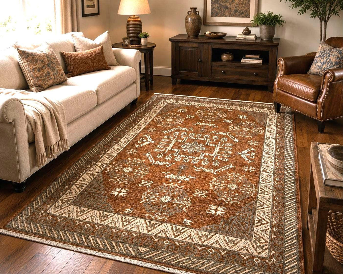 Hand-Knotted Afghan Kazak Wool Rug – Vintage Tribal Oriental Design, Rust/Terracotta