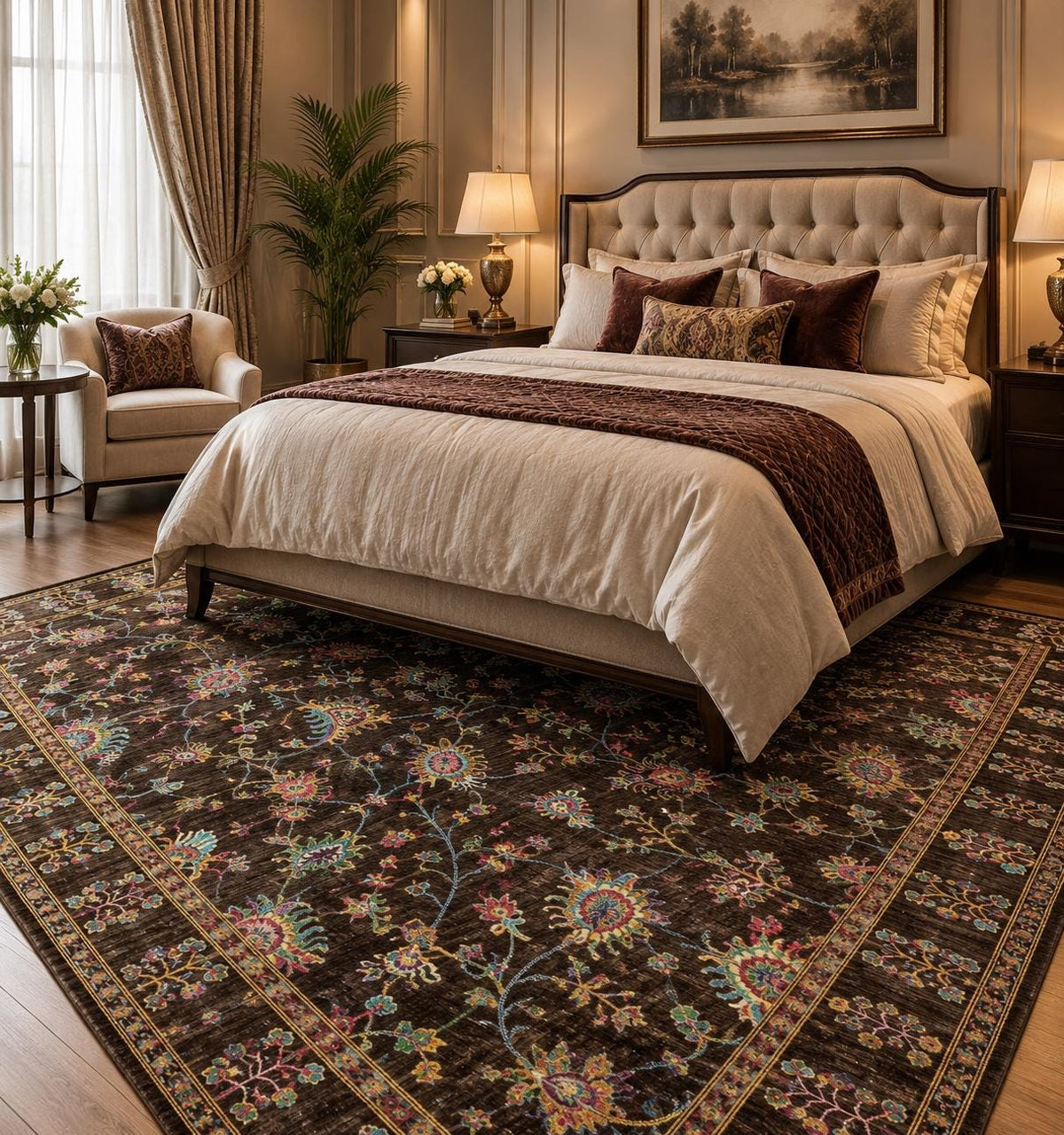 Hand-Knotted Ziegler Chobi Wool Rug – Traditional Floral Bordered Design, Brown/Cognac, Black & Cream (8x12ft)