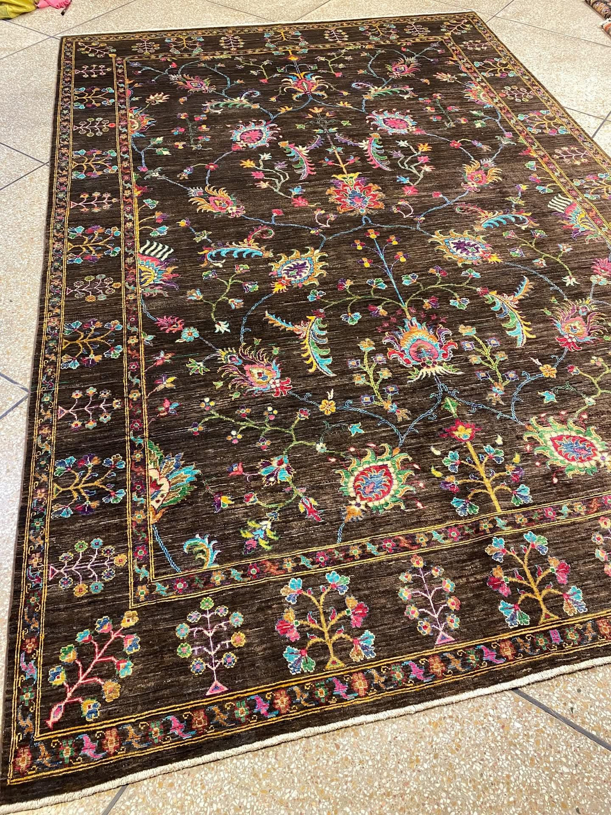 Hand-Knotted Ziegler Chobi Wool Rug – Traditional Floral Bordered Design, Brown/Cognac, Black & Cream (8x12ft)