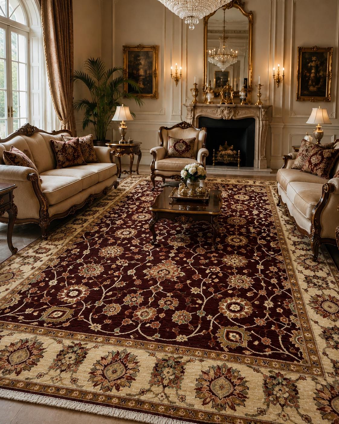 Hand Knotted Wool Ziegler Chobi Rug, Burgundy Floral Traditional Oriental Carpet, wine and beige carpet
