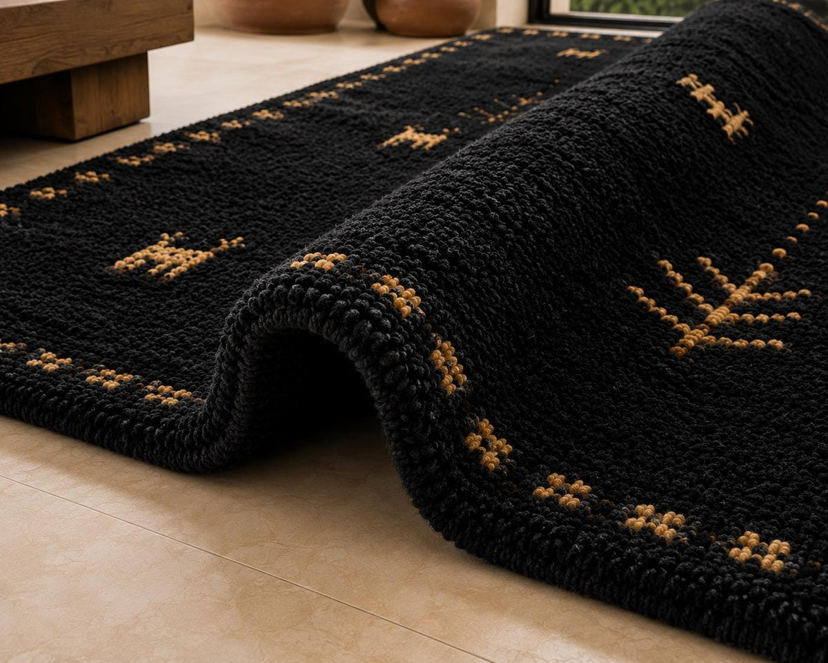 Hand-Knotted Gabbeh Wool Rug – Persian Tribal Plush Pile Rug, Black/Charcoal