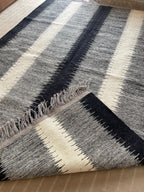 Grey Black Cream Kilim Runner Rug, Flatweave Stair Runner, Scandinavian Striped Kitchen Rug, Handmade Wool Hallway Runner,