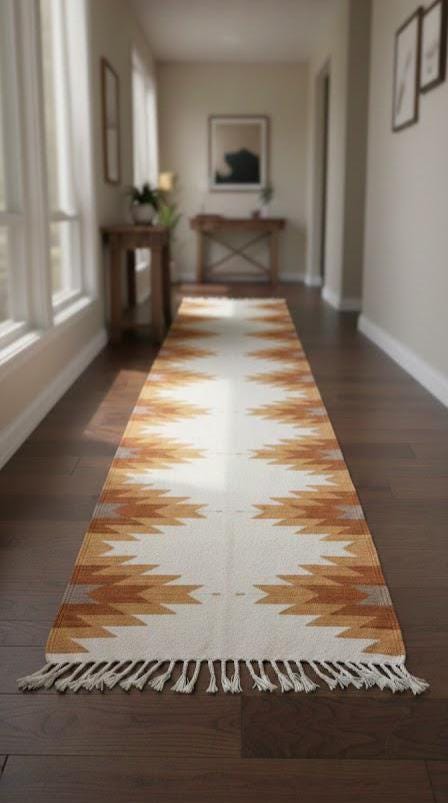Southwestern Geometric Wool Hallway Runner | Handwoven Tribal Pattern Rug | Boho Entryway Wool Runner | Aztec Kilim Corridor Farmhouse Rug
