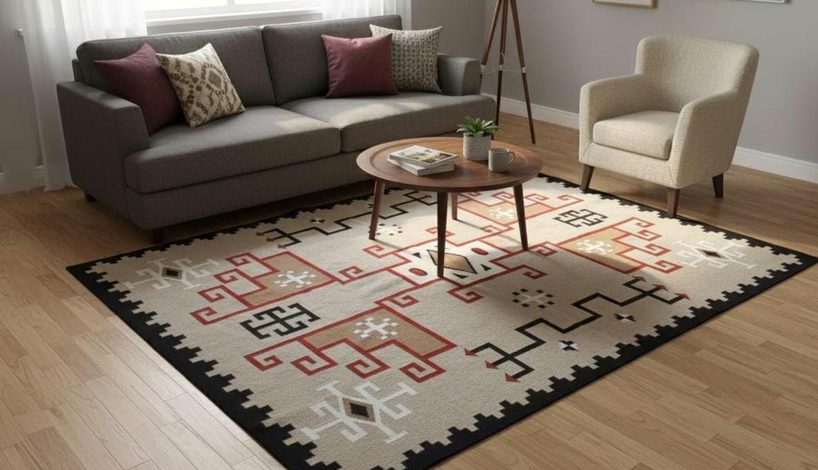 Handwoven Navajo Wool Rug – Southwestern Native American Design, Grey/Slate & Black