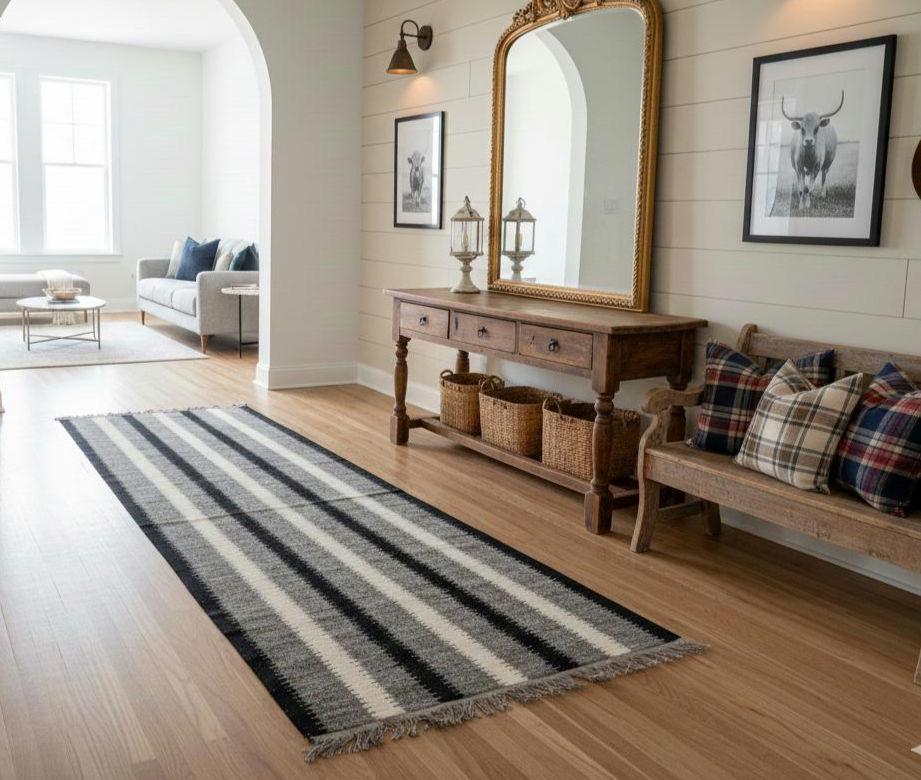 Grey Black Cream Kilim Runner Rug, Flatweave Stair Runner, Scandinavian Striped Kitchen Rug, Handmade Wool Hallway Runner,
