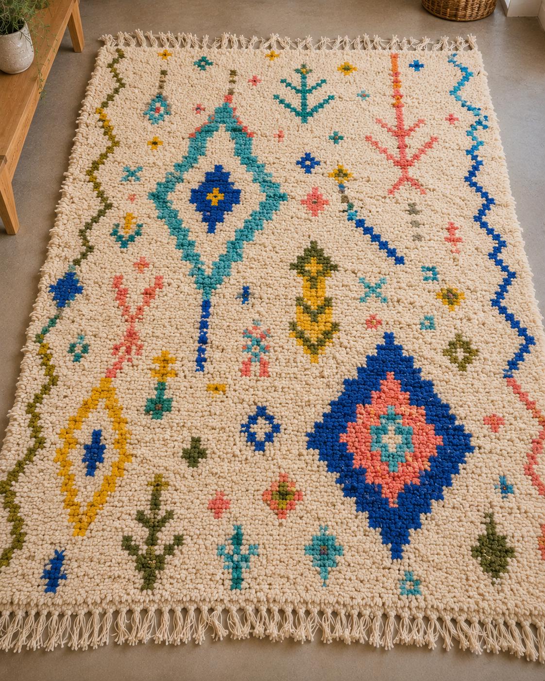 Blue and teal Azilal Berber Rug, Handmade Moroccan Wool Rug, Tribal Boho Area Rug, Plush Shag Bedroom Carpet, Custom Artisan Rug