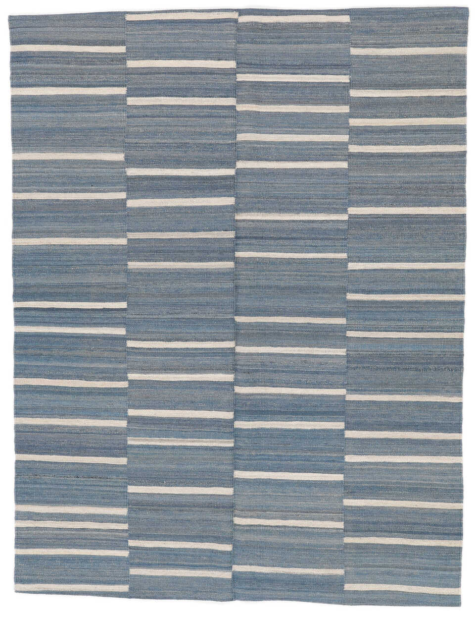 Denim blue and ivory coastal striped wool kilim rug, full view