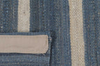Reverse construction detail of denim blue striped kilim rug