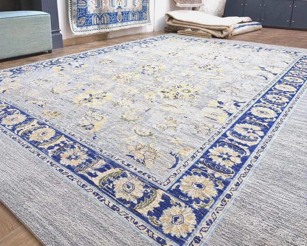 Hand Knotted Grey blue  Oushak Rug, Blue Border Wool Rug, Vintage Floral Area Rug, Neutral Handmade Living Room Carpet