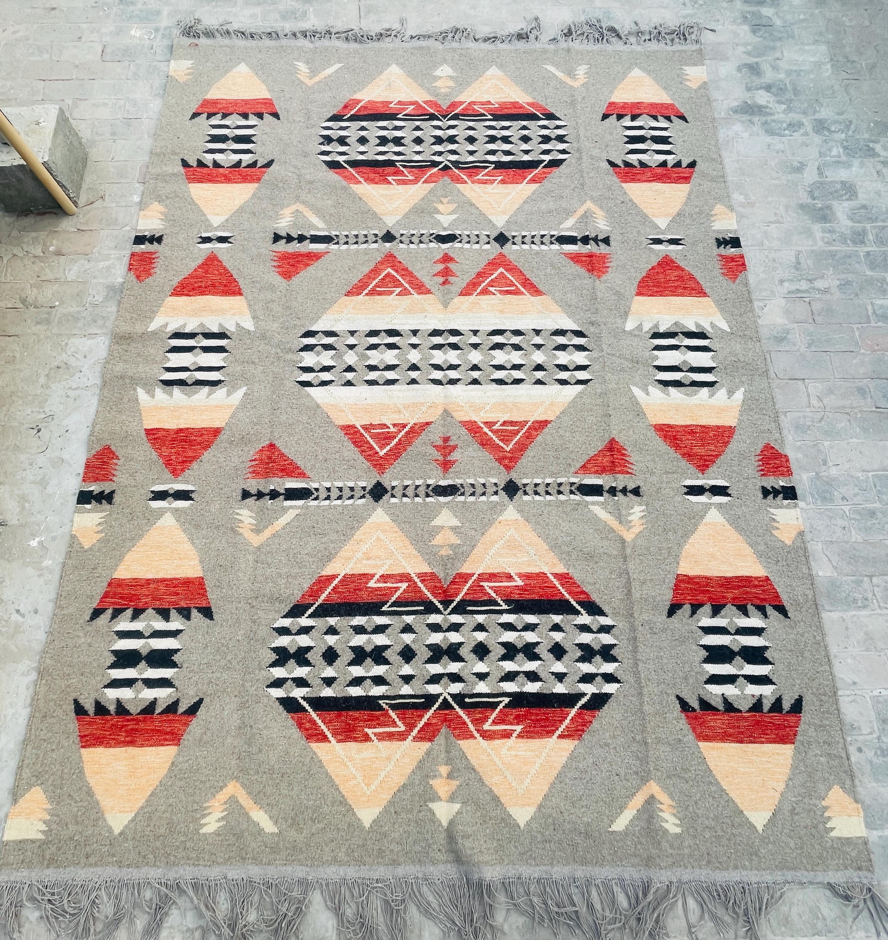 Beige and red  aztec wool  Rug, Southwestern Native American Style Rug-   wool are kilim, 8x10 grey rug,